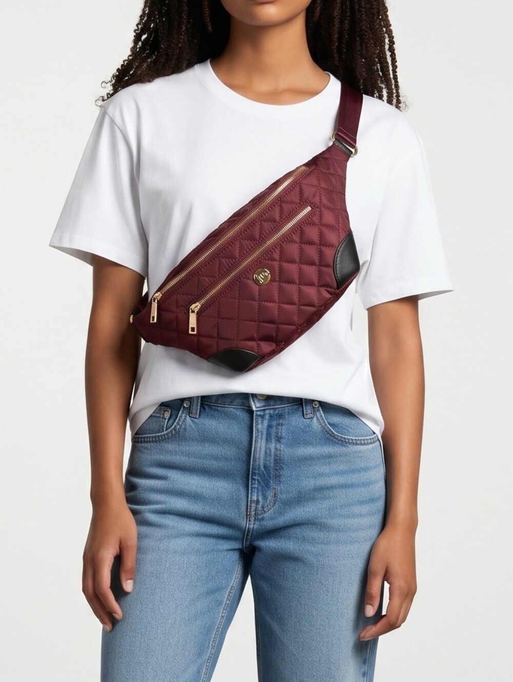 Quilted Burgundy Crossbody Belt Bag with Gold Hardware